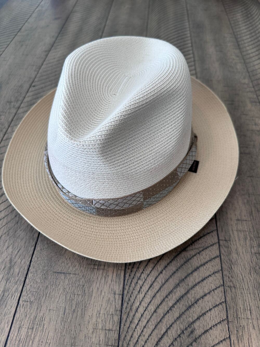 Stetson Florentine Milan Straw Fedora Hat Size 7 3/8 59 Brown Pattern Band